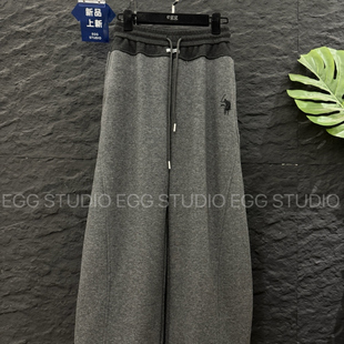 小马刺绣灰色加绒裤子女秋冬加厚松弛感老钱风垂感直筒休闲弯刀裤