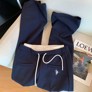 小马刺绣藏青色假两件休闲裤女秋2025新款宽松显瘦直筒阔腿长裤子