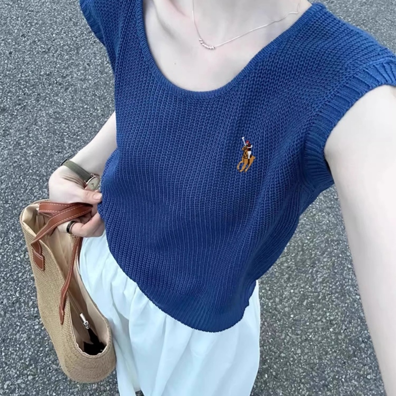 小马刺绣蓝色大领口针织衫短袖女夏季薄款冰丝正肩小飞袖短款上衣