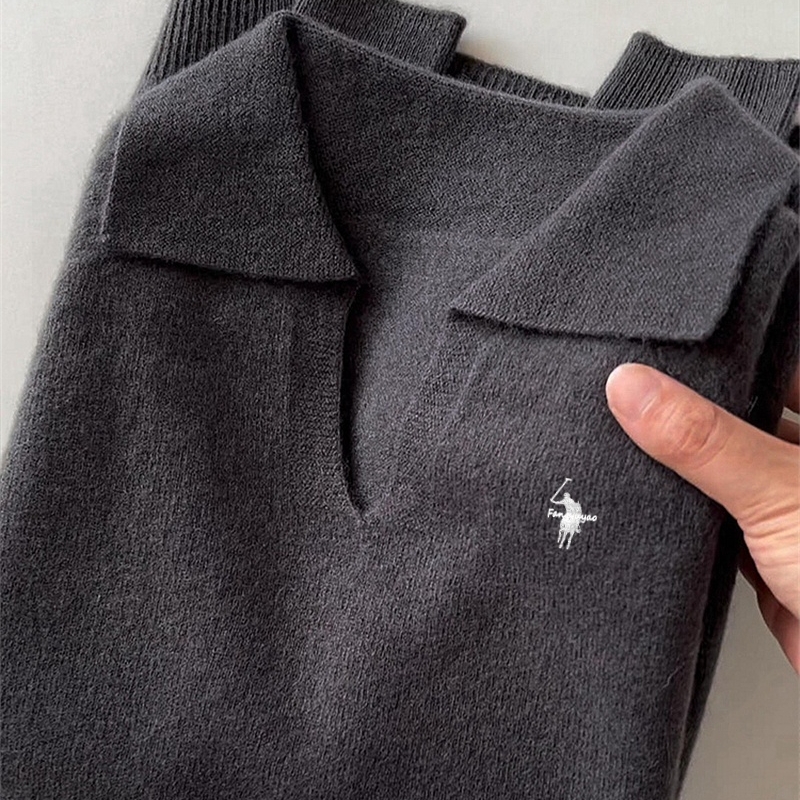 小马标刺绣灰色polo领针织衫女秋冬老钱风穿搭高级感内搭打底上衣