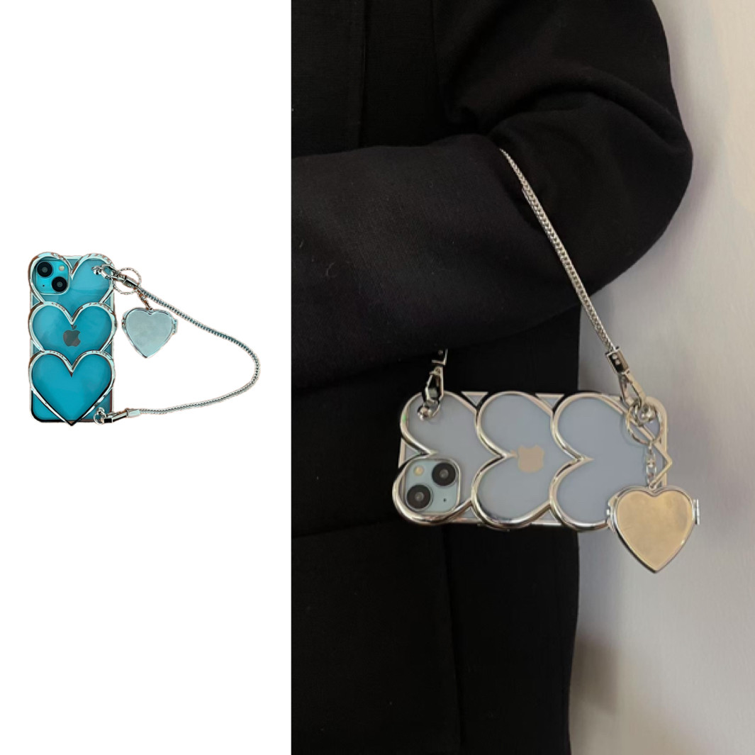 ins高级感电镀银爱心适用17iphone16promax苹果13手机壳11镜子爱心链条14pro女15promax透明13防摔手机套12