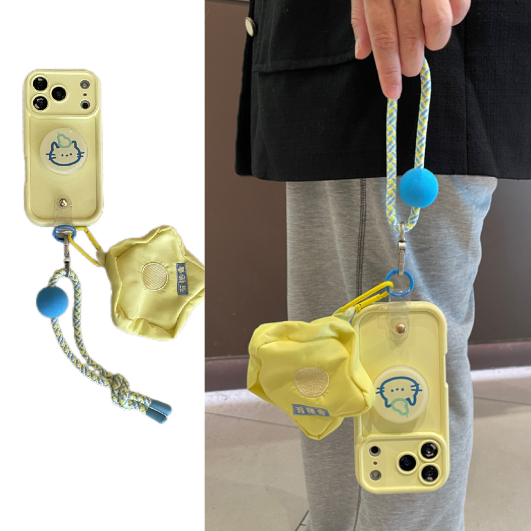 夏日黄撞色蓝猫支架手腕短绳适用于苹果17手机壳iphone16promax零钱包15软14/13套12