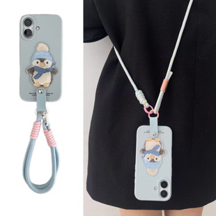 韩系ins秋冬可爱立体奶蓝企鹅手拎短绳适用于17苹果16手机壳iphone15promax斜跨背带绳12软胶13新款14