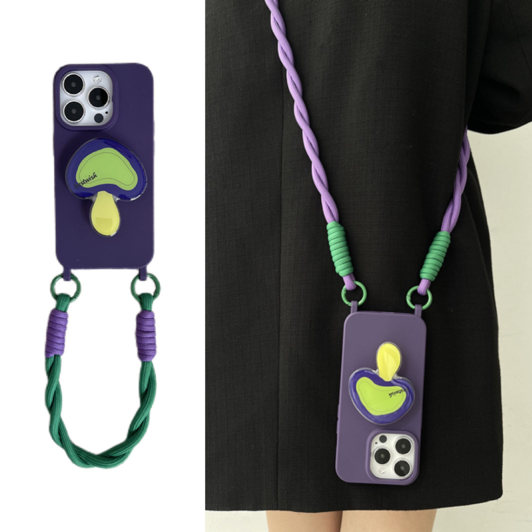 适用17苹果15promax16手机壳紫色蘑菇支架12斜挎背带挂绳iPhone14双挂钩全包防摔13保护套11手拎短绳防摔XS