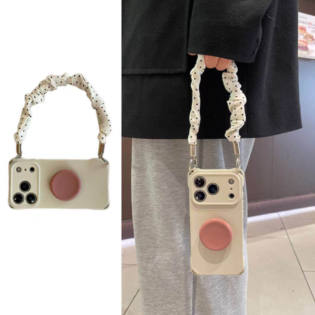 四角可挂ins奶白可爱玫粉支架波点丝绸手腕带适用于苹果17手机壳iphone16promax软15/14套13小众12