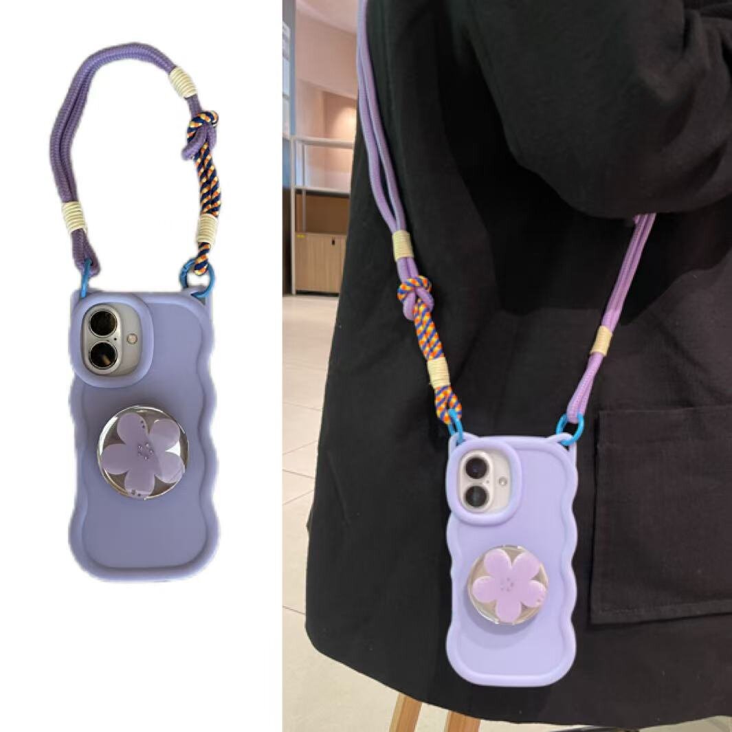 少女紫ins猫耳朵点钻花朵支架手拎短绳适用于苹果17手机壳iphone16promax斜挎绳15软14/13套12