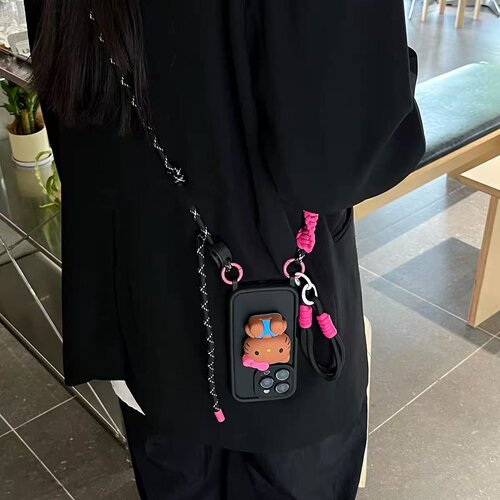 ins酷黑斜挎黑皮Kitty挂绳手机壳16promax/14适用于苹果17/15pro/14promax/13新款iPhone15全包壳