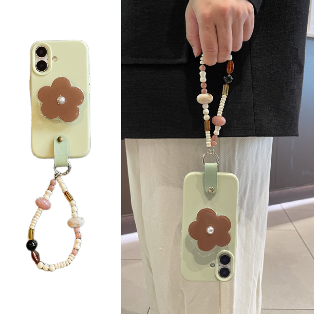 ins少女奶绿花朵棕支架手拎腕带链条适用于17苹果16手机壳iphone15promax软14套13/12新款11