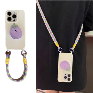 ins原创双挂钩白撞色紫茄子支架手拎绳适用于17苹果15/16手机壳iphone14promax13斜跨背带绳12软11小众xs
