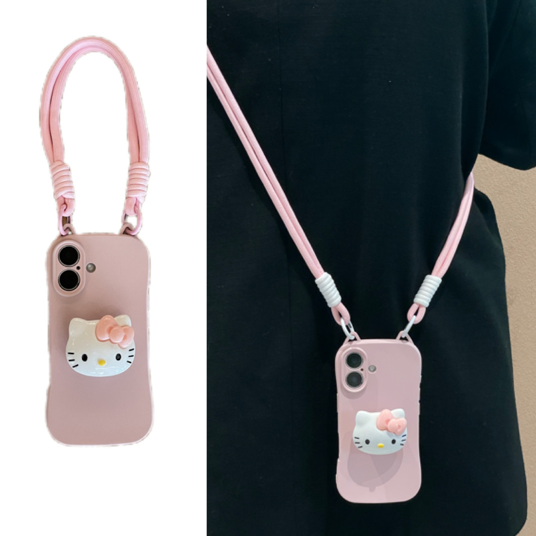 韩系ins少女粉猫耳朵可爱KT猫咪支架手拎短绳适用于苹果17/16手机壳iphone15promax斜跨绳13软14/12