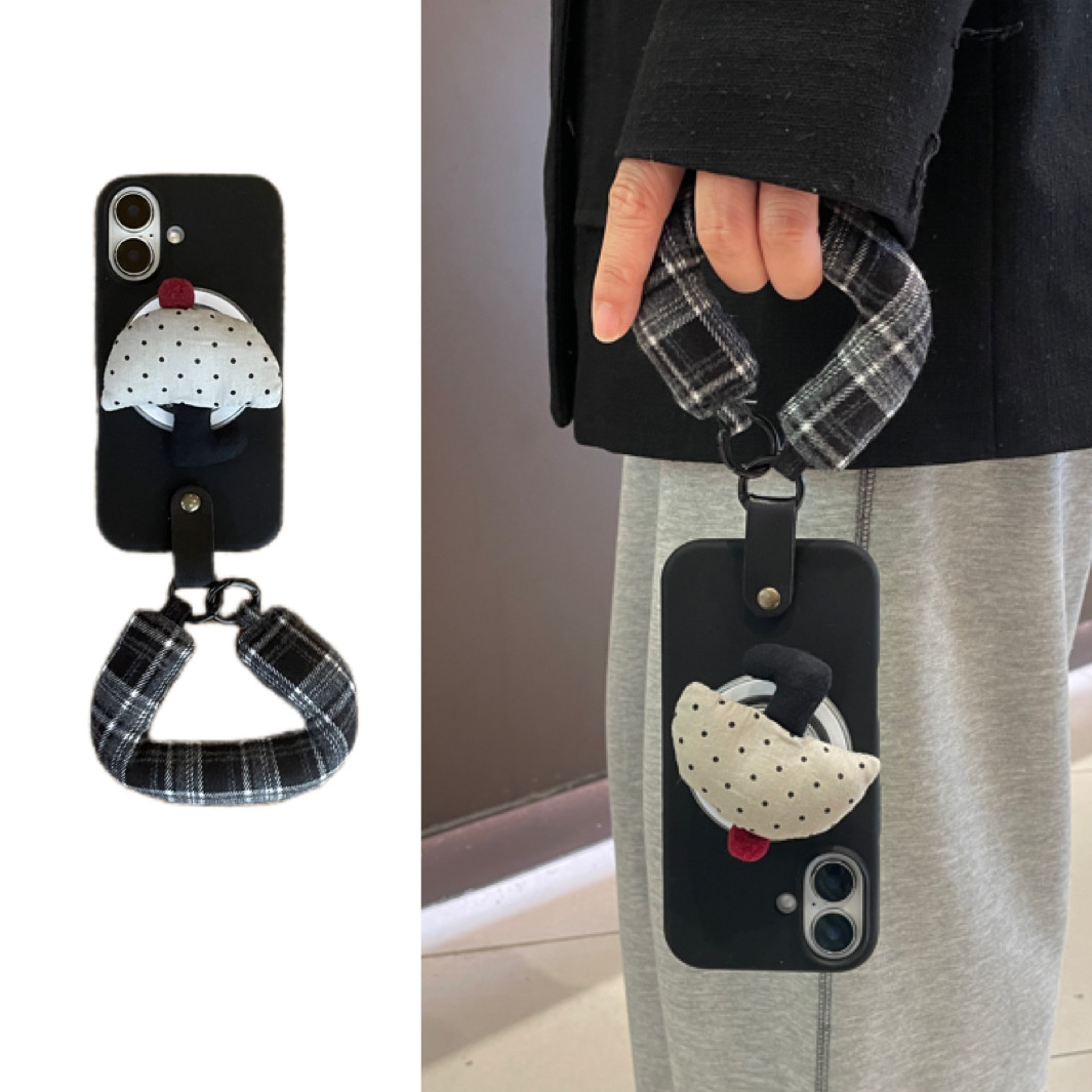 暗黑系可爱蘑菇支架格纹充棉手腕带适用于苹果17手机壳iphone16promax斜挎绳15软14/13套12