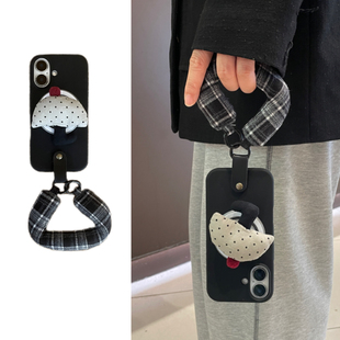 暗黑系可爱蘑菇支架格纹充棉手腕带适用于苹果17手机壳iphone16promax斜挎绳15软14/13套12
