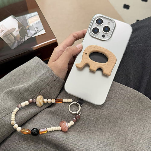 小众ins银色高级感串珠链条手机壳木质大象支架适用17iphone16promax苹果15新款14/13创意16pro保护套软12/11