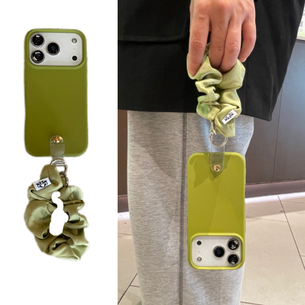 少女ins早春橄榄绿褶皱弹力手提绳适用于苹果17手机壳iphone16promax软15/14套13