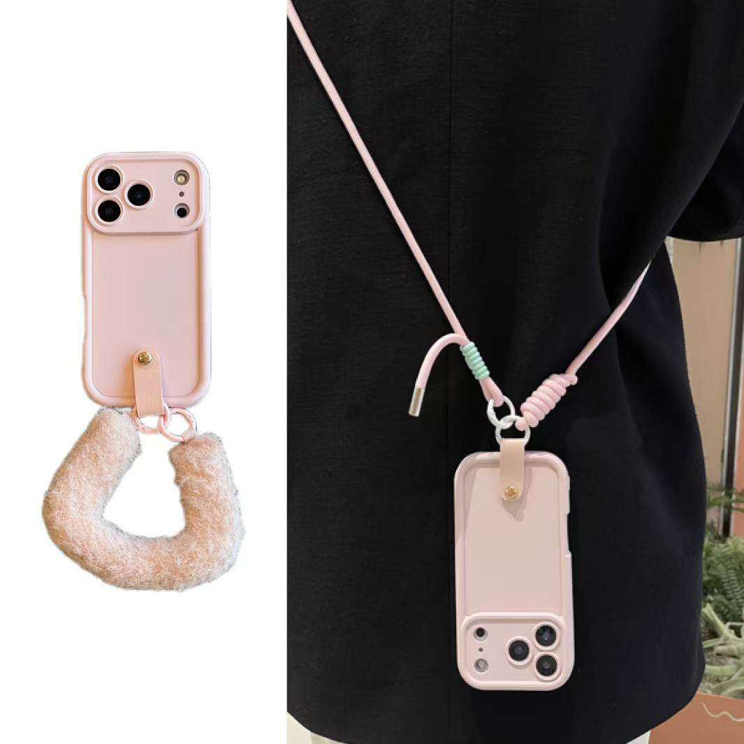 少女简约纯色奶粉毛绒手腕带适用于苹果17手机壳iphone18promax斜挎绳15软14/13小众16