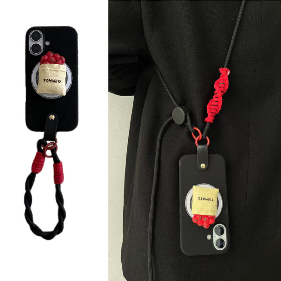 苹果16小众立体番茄面包磁吸支架手拎短绳手机壳iphone15promax斜跨背带12保护套13全包14PRO可拆卸11