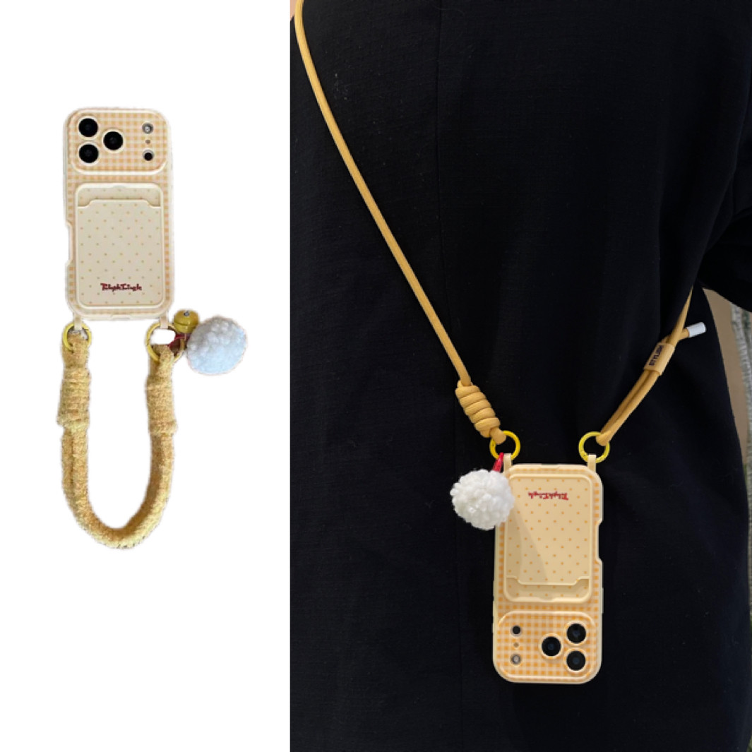ins双挂钩黄色卡包毛绒铃铛吊坠手腕带适用于苹果17手机壳iphone16promax斜挎绳15软14/13
