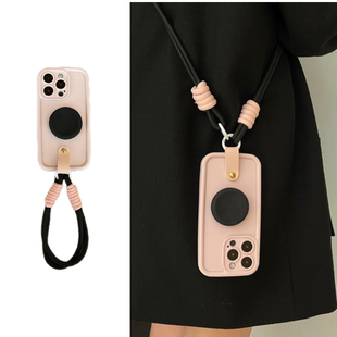 高级酷黑粉支架斜挎背带绳适用华为MATE60PRO手机壳软荣耀90手提式NOVA78910/11PRO女全包P60PRO保护套P30