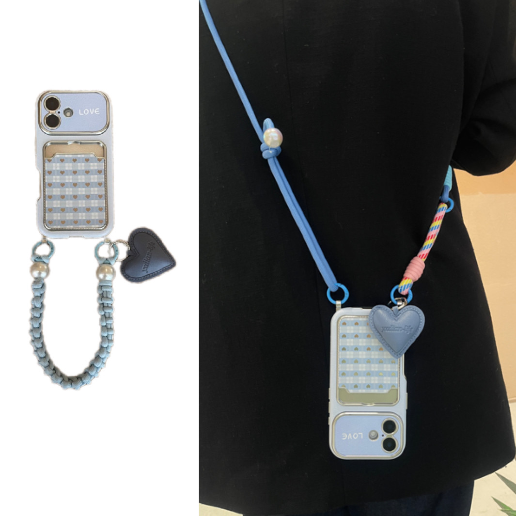 韩系ins蓝格纹撞色皮质爱心吊坠手腕短绳适用于苹果17手机壳iphone16promax斜挎绳15软14卡包13,3C数码配件,手机保护套/壳,淘宝优惠券,粉丝福利购,淘宝优惠卷