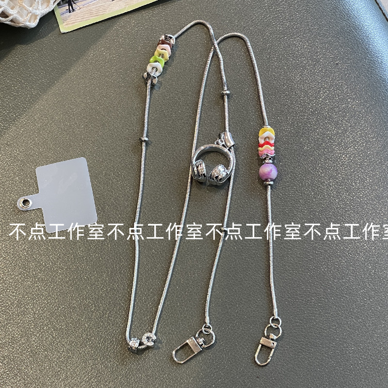 原创自制ins银耳机彩卷蛇骨斜跨链条手机壳钥匙扣可拆卸背带细链