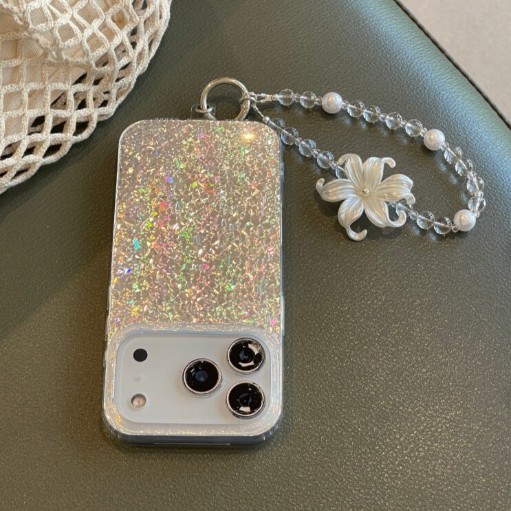 ins小众闪粉镭射银百合水晶链条适用于苹果17手机壳iphone16promax套15/14套13