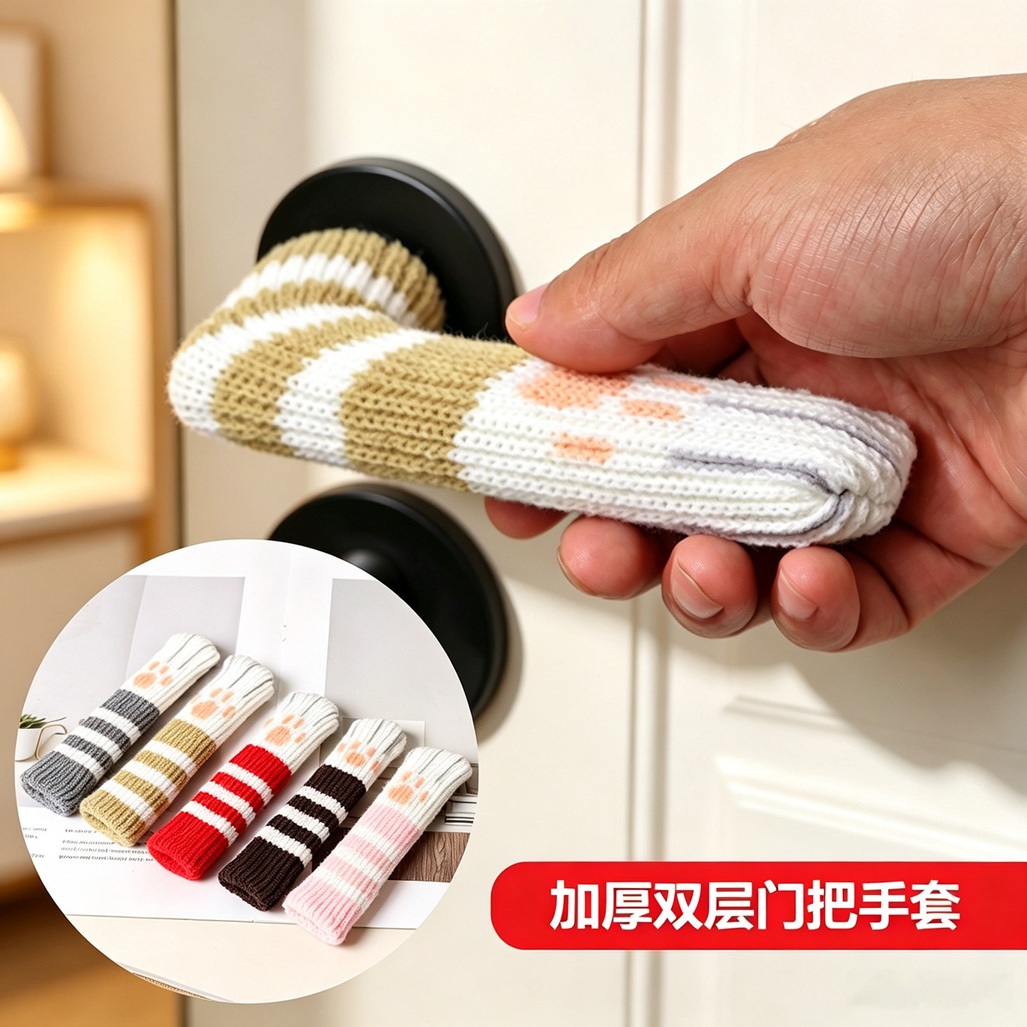 加长加厚双层针织防冻门把手套图片