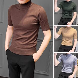 2025新款半高领短袖男款修身t恤夏季紧身中领打底衫男士秋装上衣