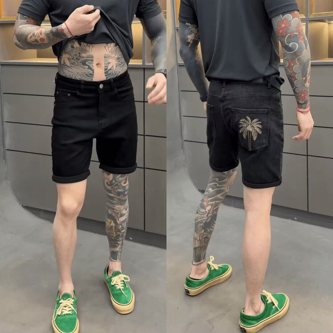 潮牌黑色牛仔裤男士高端椰子树刺绣直筒五分裤高档弹力修身夏季裤