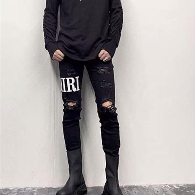 欧州站高端黑色破洞贴布牛仔裤男潮牌修身小脚补丁刺绣痞帅牛仔裤