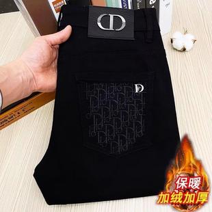 欧洲站高端黑色弹力牛仔裤男加绒修身商务休闲欧货新款男士厚款裤