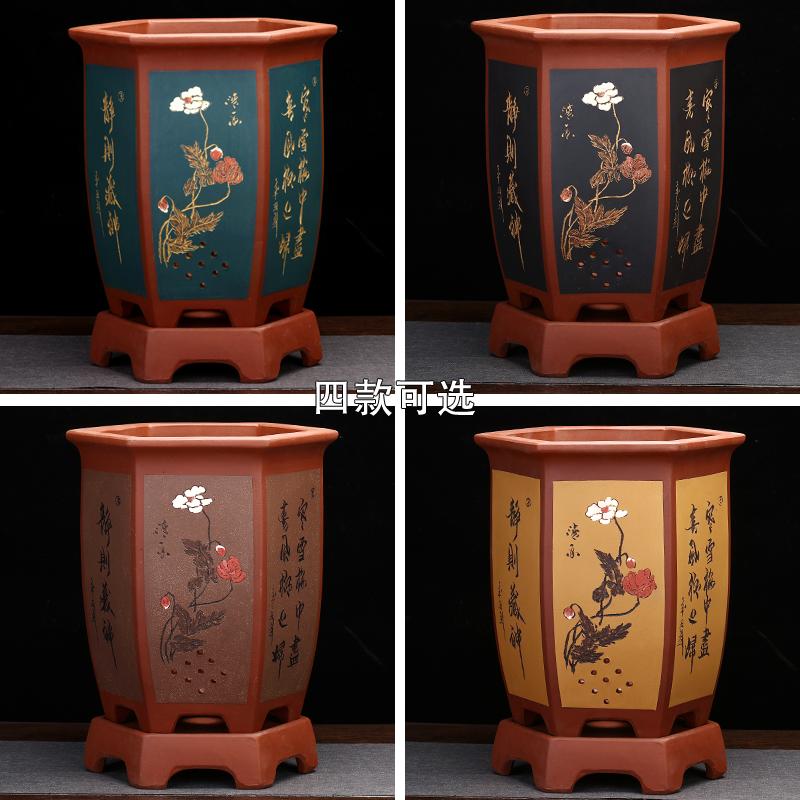 宜兴紫砂花盆大号六方点彩君子兰春墨蕙吊兰达摩建兰兰花专用花盆
