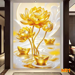 金莲花金荷花步步高升旺宅旺运吉祥画佛堂供奉台背景墙装饰壁画