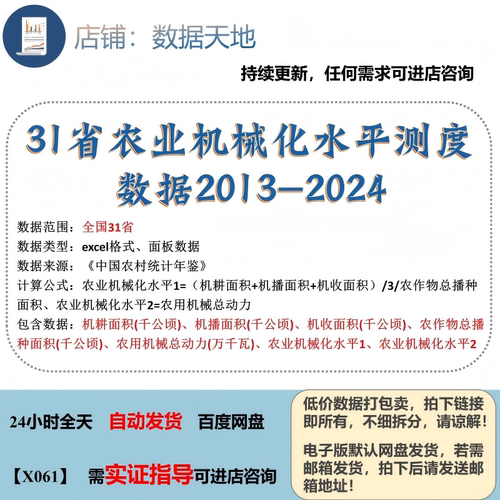 【2024】31省农业机械化水平测度数据2013-2024年