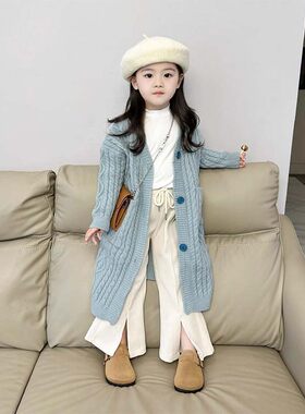 女童软糯甜美针织开衫外套中长款秋冬季雾霾蓝新款儿童麻花毛衣