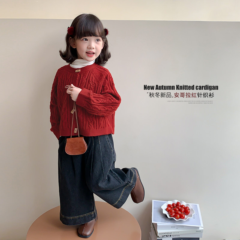 女童红色毛衣方扣春秋新款洋气儿童针织衫新年衣服外套春装拜年服