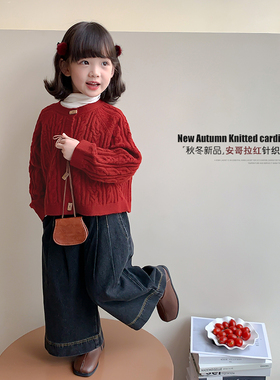 女童红色毛衣方扣春秋新款洋气儿童针织衫新年衣服外套春装拜年服