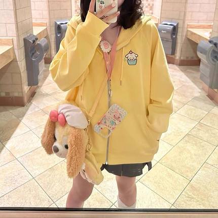 奶黄色小猫刺绣卫衣连帽外套女宽松小个子宅女软妹春秋冬加绒加厚