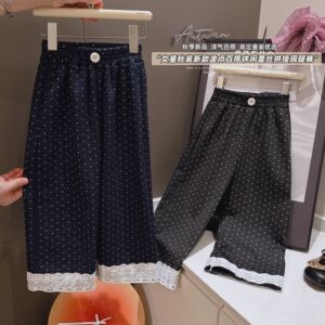 女童春秋款波点百搭休闲花边阔腿裤时尚洋气裤子中大童