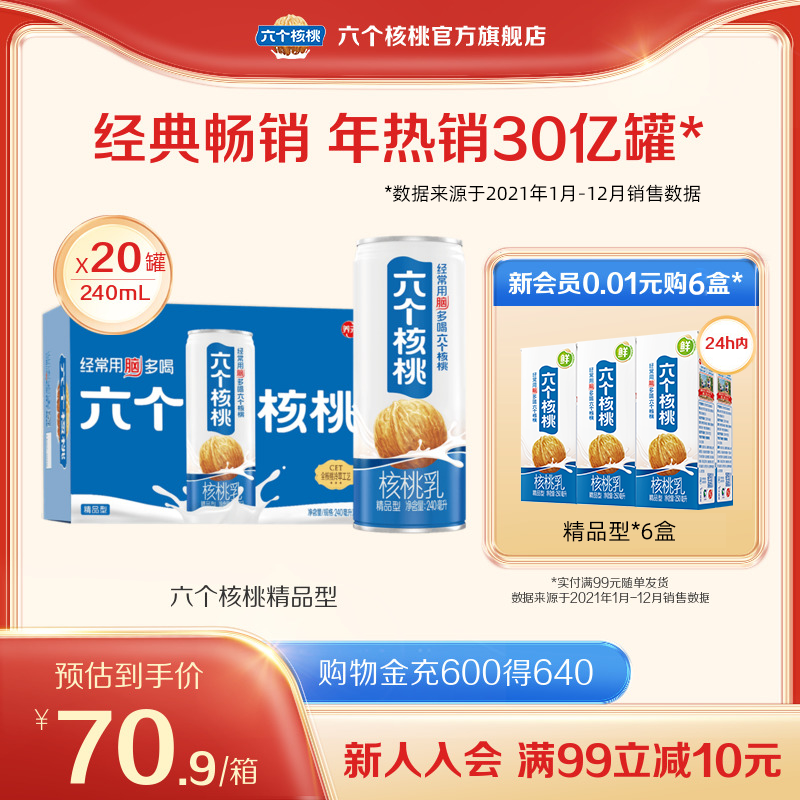 六个核桃官方旗舰店精品型植物蛋白核桃乳240ml*20罐 咖啡/麦片/冲饮 植物蛋白饮料/植物奶/植物酸奶 原图主图