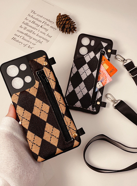 棋盘格子Reno13零钱包适用OPPOA97手机壳A72/A58x带斜跨绳子Reno12防摔A57A11X硅胶软壳K9s保护套A2MA3XA5pro