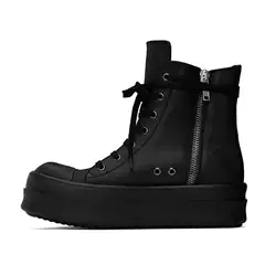 Thick Sole Leather High Top Sneakers Men European American High Street Versatile Height Increasing Zip Genuine Leather Ankle Boots Couple Trendy Shoes Men