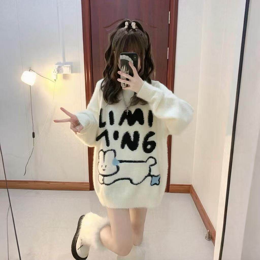 可爱少女风卡通字母针织衫女秋冬加厚中长款毛衣网红爆款