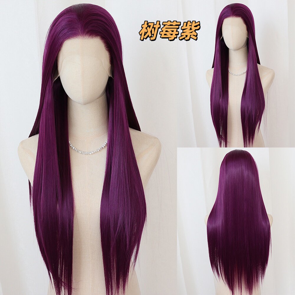 树莓紫深紫色手钩假发前额大蕾丝cosplay整顶仿真高温丝随意分缝