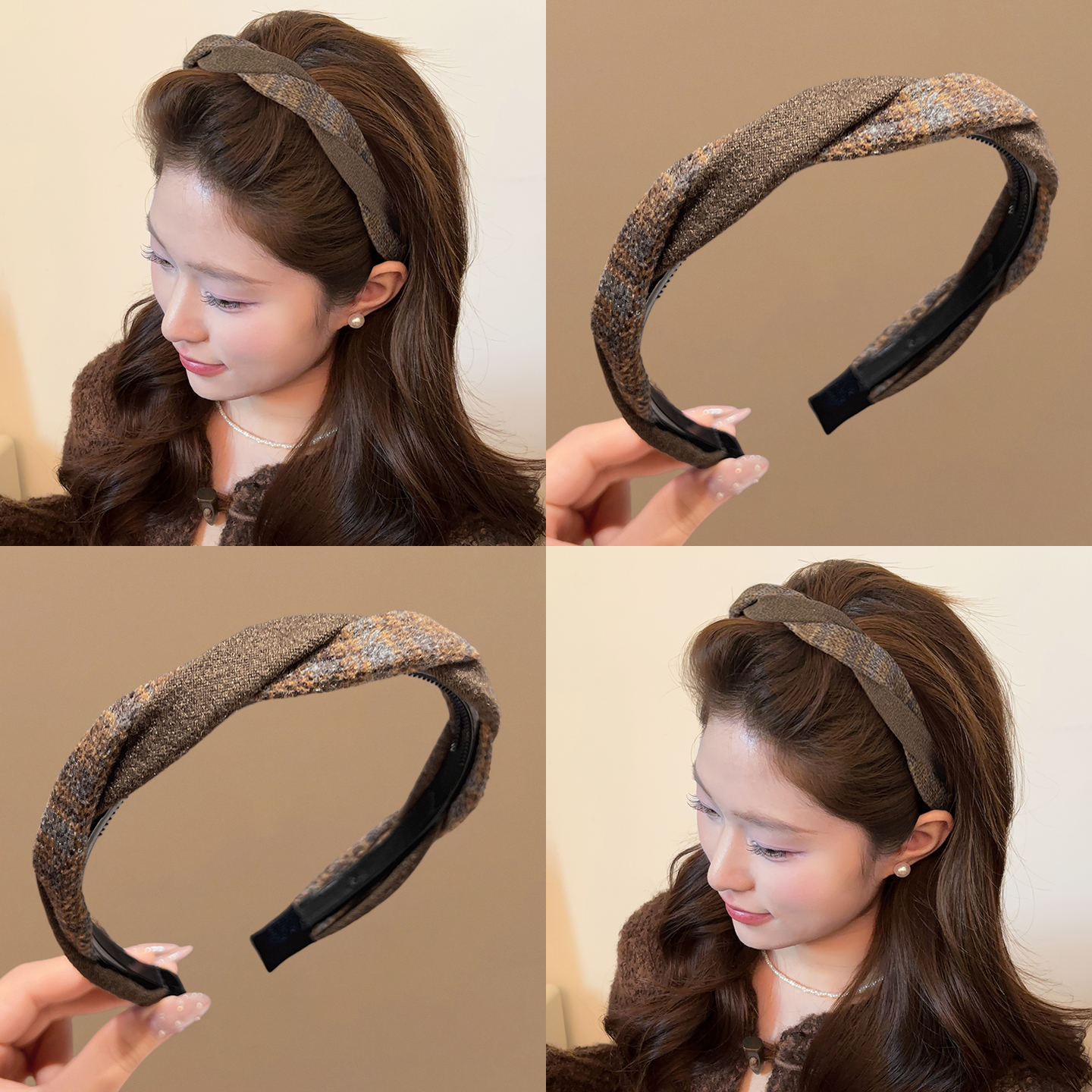 复古格纹细边麻花发箍女日常外戴