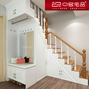 复式洋房整体实木楼梯定制登高梯柜定做欧式衣帽门厅抽拉鞋柜新款
