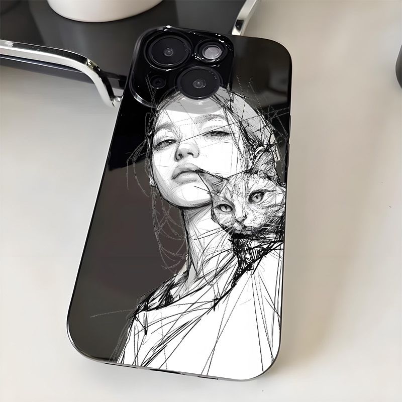 素描女孩适用苹果11手机壳iPhone12/13/14/15/16promax亮面黑6/7/8plus直边xr简约情侣xsmax防摔保护4/5s潮套