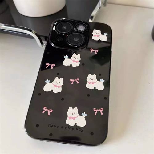 波点呆萌小狗适用苹果11手机壳iPhone12/13/14/15/16promax亮面黑6/7/8plus直边xr少女心xsmax防摔保护4/5s女