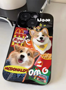 可爱柯基小狗狗适用苹果11/12/13/14/15promax光面6/7/8plus情侣款xsmax萌宠xr防摔保护直边套15plus亮面黑壳