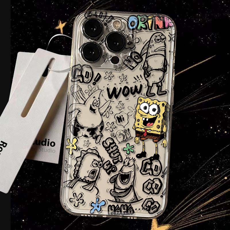 可爱线条海绵宝宝适用苹果4/5s手机壳iPhone15promax透明6/7/8plus卡通11/12/13/14Pro潮xsmax套xr情侣款15女