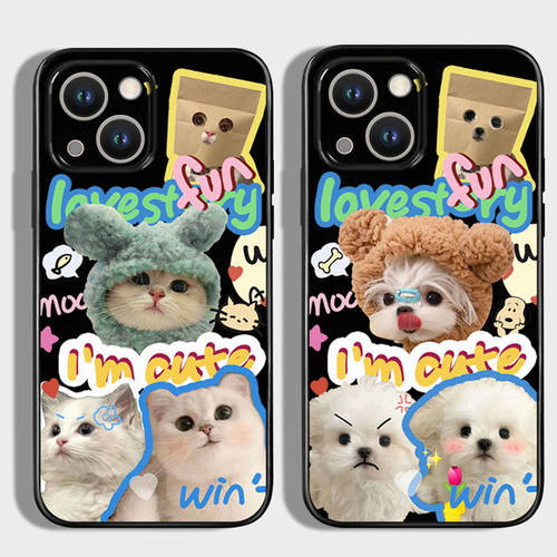情侣光面小猫小狗适用苹果14手机壳iPhone11光面直边13Pro软12Promax卡通6s/7/8plus创意xsmax防摔保护xr超薄